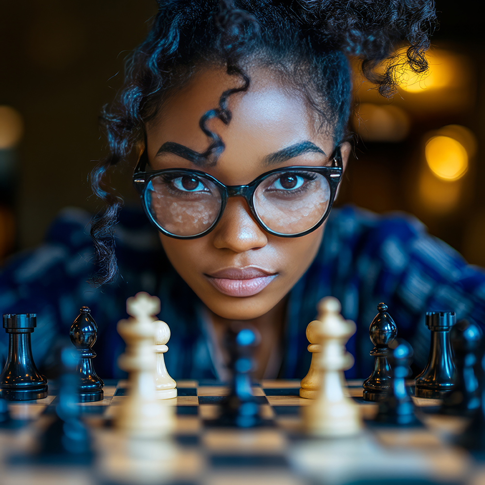 focused young woman with glasses intently playing chess