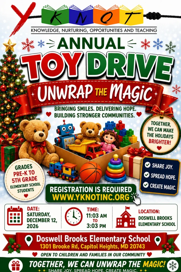 Unwrap the Magic Annual Toy Drive flyer: Saturday, December 12, 2026, 11:03 AM to 3:03 PM, Doswell Brooks Elementary School, 1301 Brooke Rd, Capitol Heights, MD 20743. For Pre-K to 5th grade elementary school students. Registration is required.